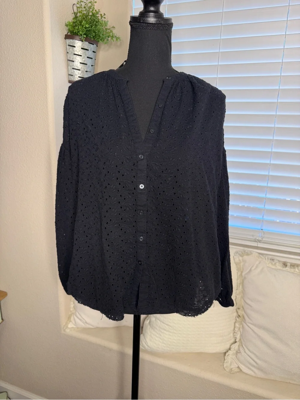 Free People Maddison Oversized Black Eyelet Button-Front Blouse- Boho Chic